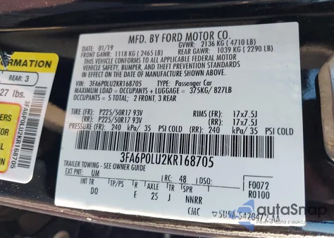 2019 Ford Fusion Hybrid Se z USA, uszkodzony, nr VIN 3FA6P0LU2KR168705